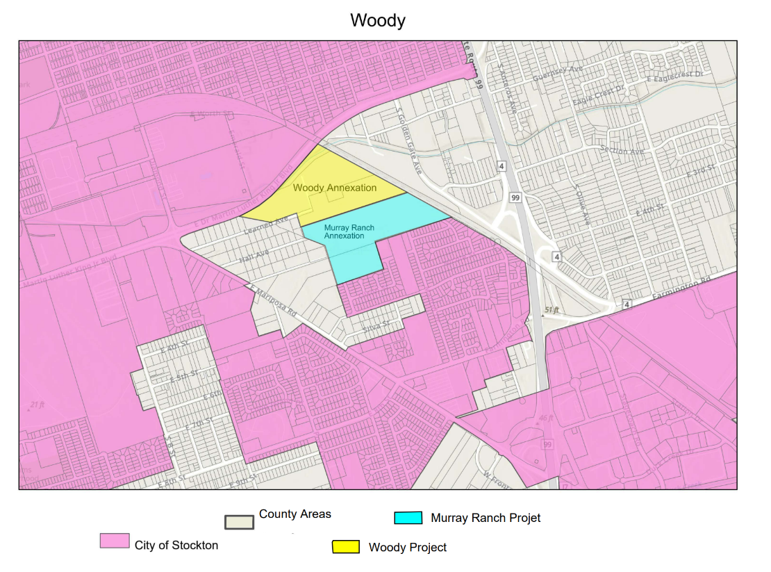 Map showing where the Woody Project will be located in Stockton